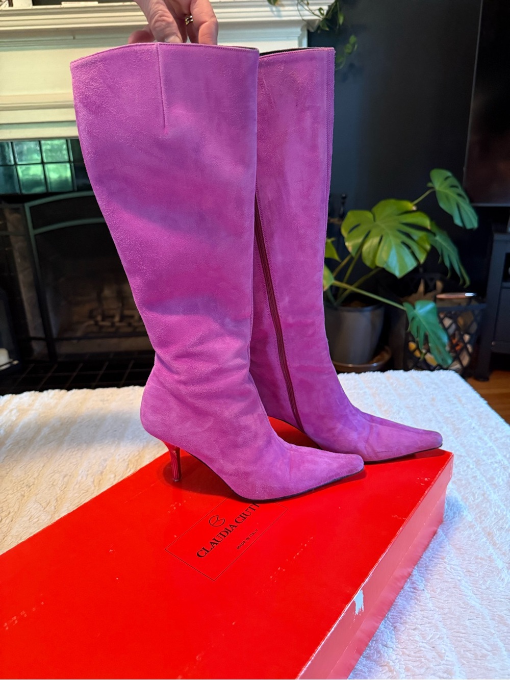 Pink Suede Pointed Toe Boots